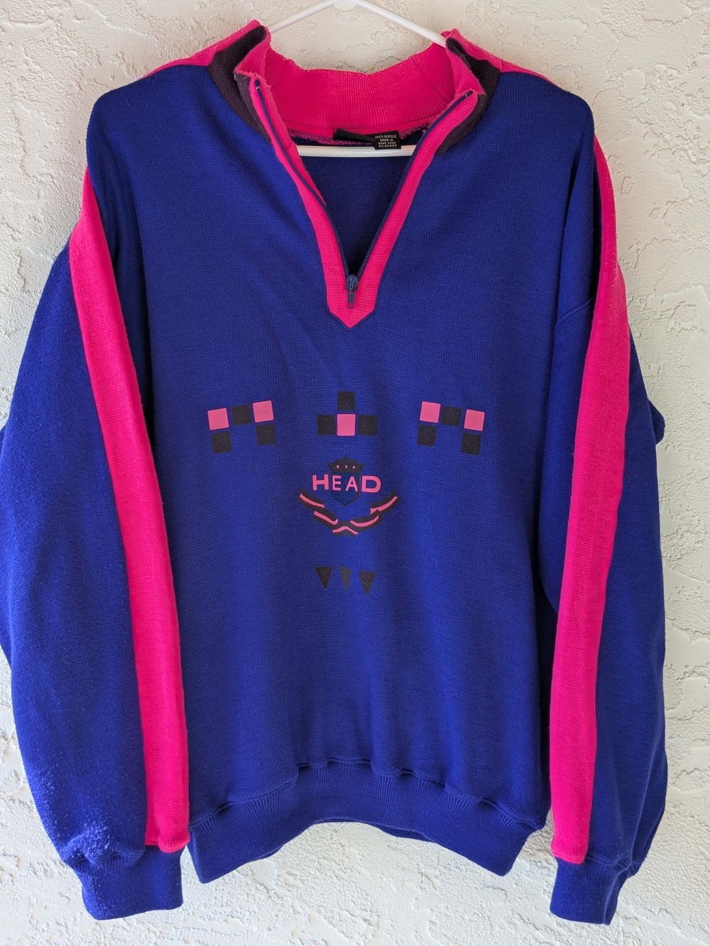 HEAD 90s Quarter-Zip Ski Sweater in Royal Blue & Hot Pink